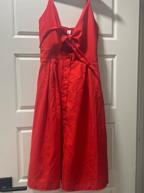 Red Button-Front Tie-Detail Midi Dress - Women